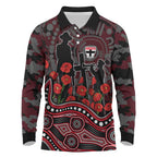 St Kilda Saints ANZAC Day Long Sleeve Polo Shirt Indigenous Dot Art with Poppy Flower Tribute