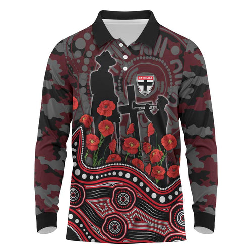 St Kilda Saints ANZAC Day Long Sleeve Polo Shirt Indigenous Dot Art with Poppy Flower Tribute