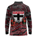 St Kilda Saints ANZAC Day Long Sleeve Polo Shirt Indigenous Dot Art with Poppy Flower Tribute