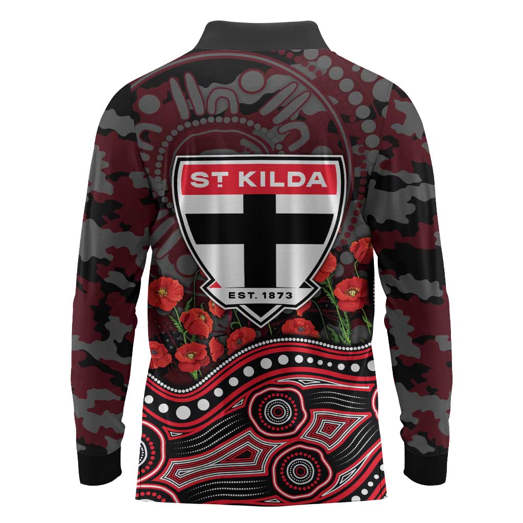 St Kilda Saints ANZAC Day Long Sleeve Polo Shirt Indigenous Dot Art with Poppy Flower Tribute