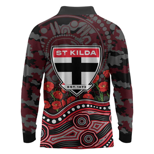 St Kilda Saints ANZAC Day Long Sleeve Polo Shirt Indigenous Dot Art with Poppy Flower Tribute