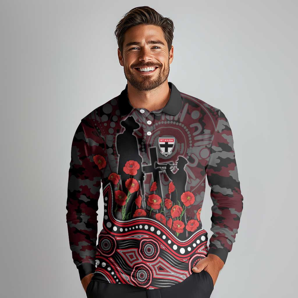 St Kilda Saints ANZAC Day Long Sleeve Polo Shirt Indigenous Dot Art with Poppy Flower Tribute