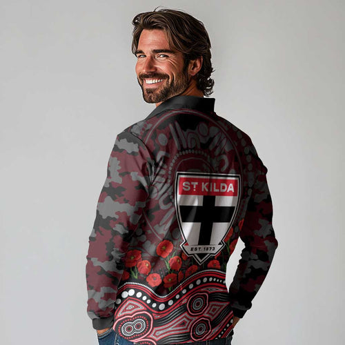 St Kilda Saints ANZAC Day Long Sleeve Polo Shirt Indigenous Dot Art with Poppy Flower Tribute
