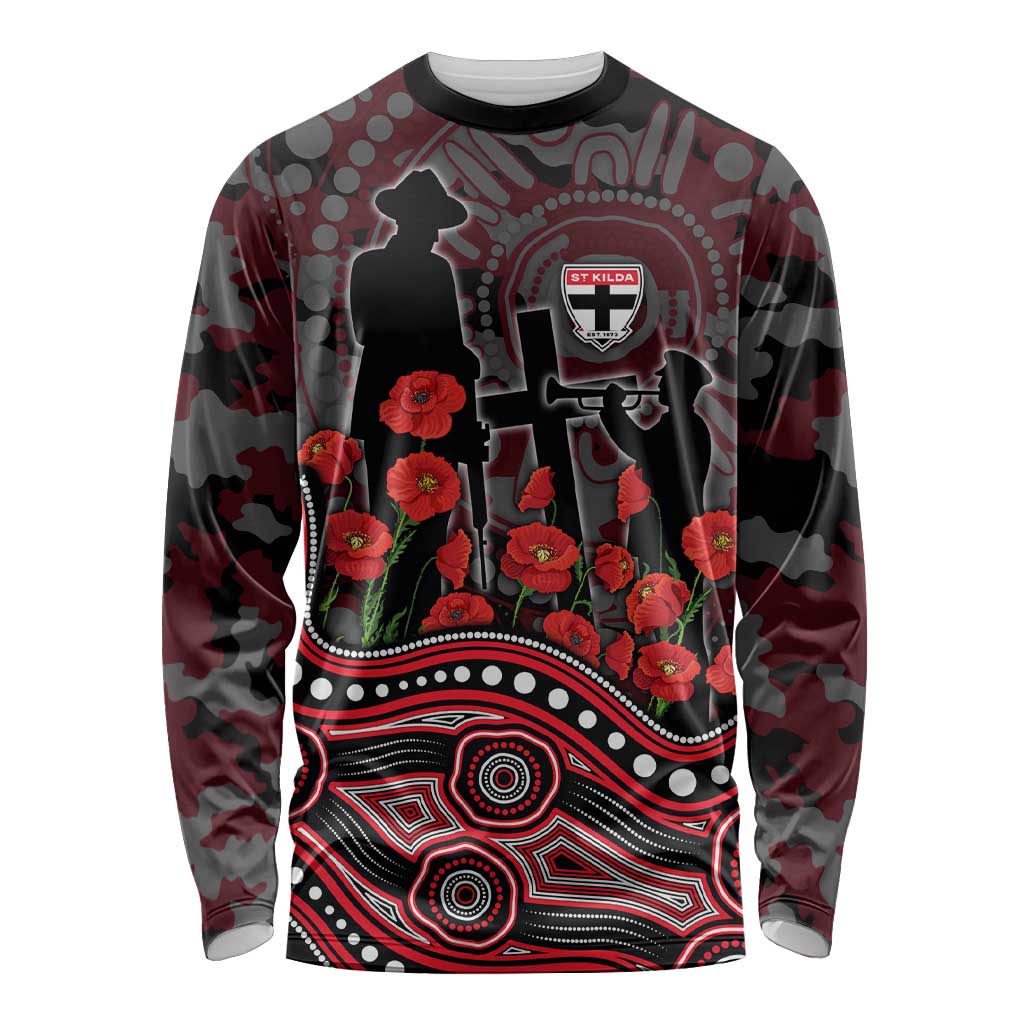 St Kilda Saints ANZAC Day Long Sleeve Shirt Indigenous Dot Art with Poppy Flower Tribute