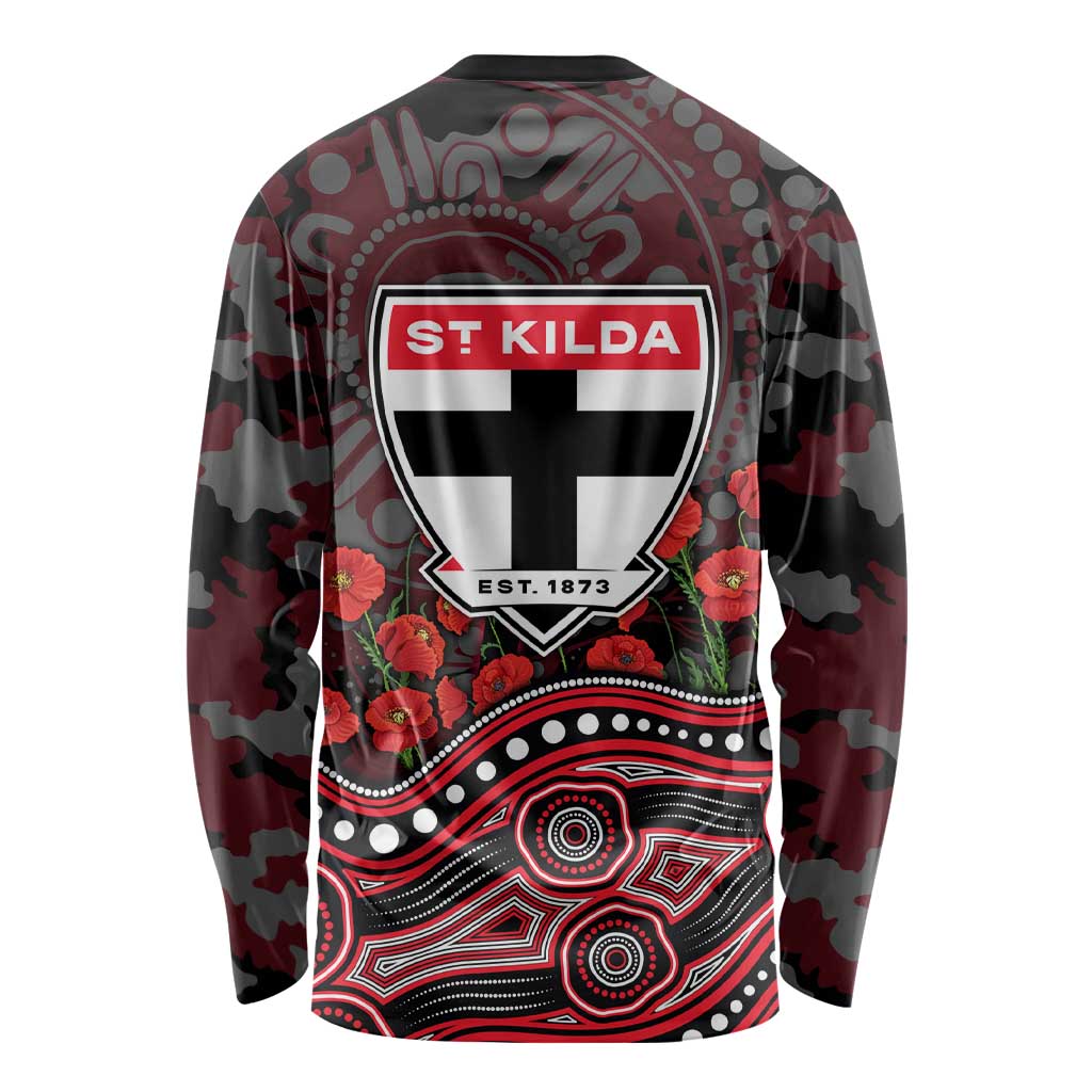 St Kilda Saints ANZAC Day Long Sleeve Shirt Indigenous Dot Art with Poppy Flower Tribute