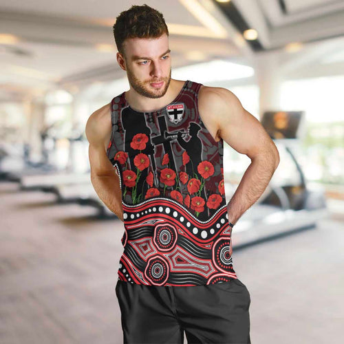 St Kilda Saints ANZAC Day Men Tank Top Indigenous Dot Art with Poppy Flower Tribute