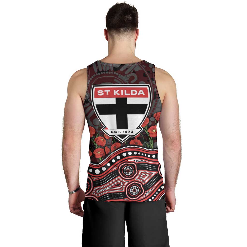 St Kilda Saints ANZAC Day Men Tank Top Indigenous Dot Art with Poppy Flower Tribute