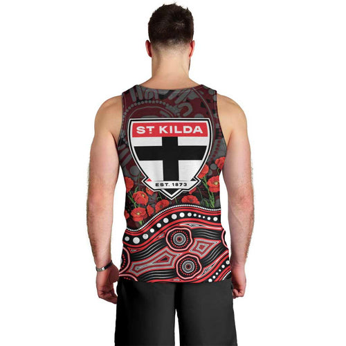 St Kilda Saints ANZAC Day Men Tank Top Indigenous Dot Art with Poppy Flower Tribute