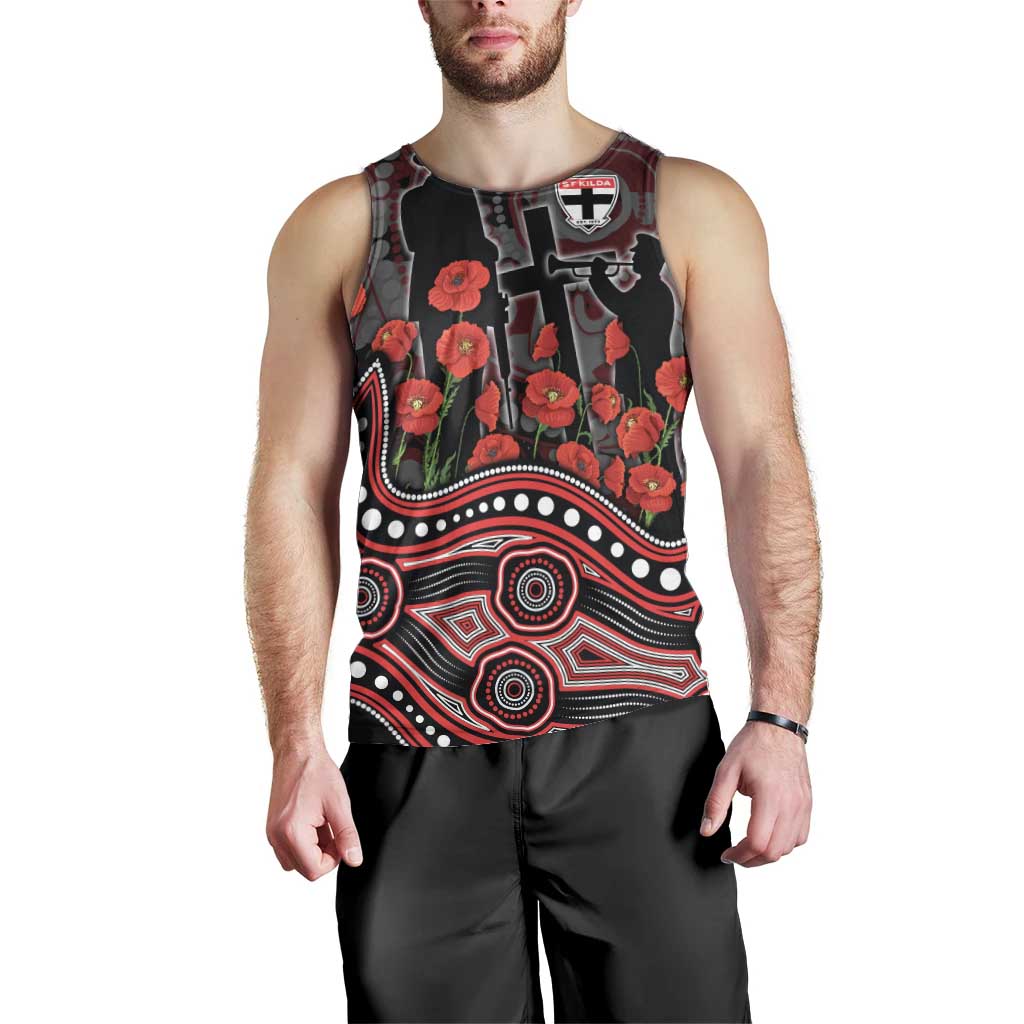 St Kilda Saints ANZAC Day Men Tank Top Indigenous Dot Art with Poppy Flower Tribute