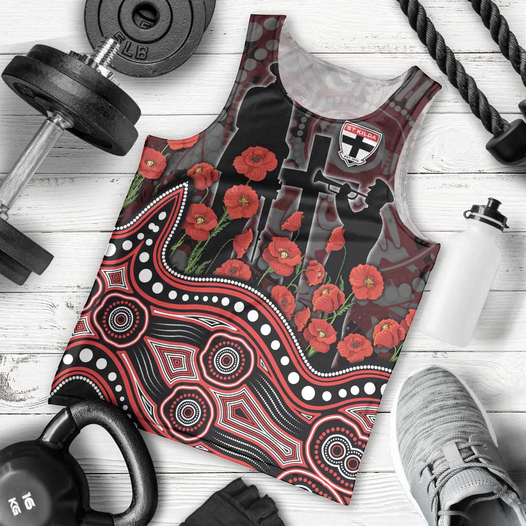 St Kilda Saints ANZAC Day Men Tank Top Indigenous Dot Art with Poppy Flower Tribute