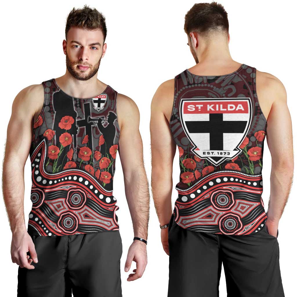 St Kilda Saints ANZAC Day Men Tank Top Indigenous Dot Art with Poppy Flower Tribute