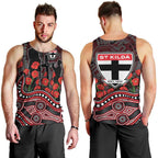 St Kilda Saints ANZAC Day Men Tank Top Indigenous Dot Art with Poppy Flower Tribute