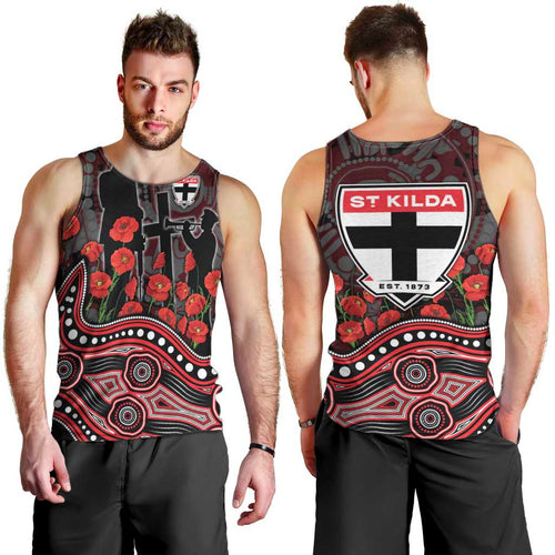 St Kilda Saints ANZAC Day Men Tank Top Indigenous Dot Art with Poppy Flower Tribute