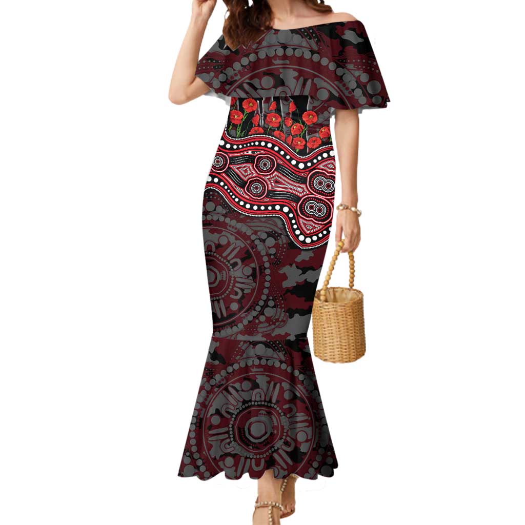 St Kilda Saints ANZAC Day Mermaid Dress Indigenous Dot Art with Poppy Flower Tribute