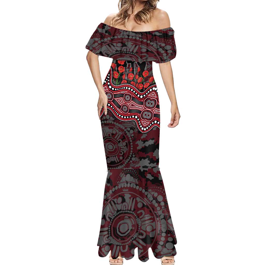 St Kilda Saints ANZAC Day Mermaid Dress Indigenous Dot Art with Poppy Flower Tribute
