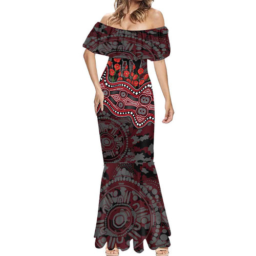 St Kilda Saints ANZAC Day Mermaid Dress Indigenous Dot Art with Poppy Flower Tribute