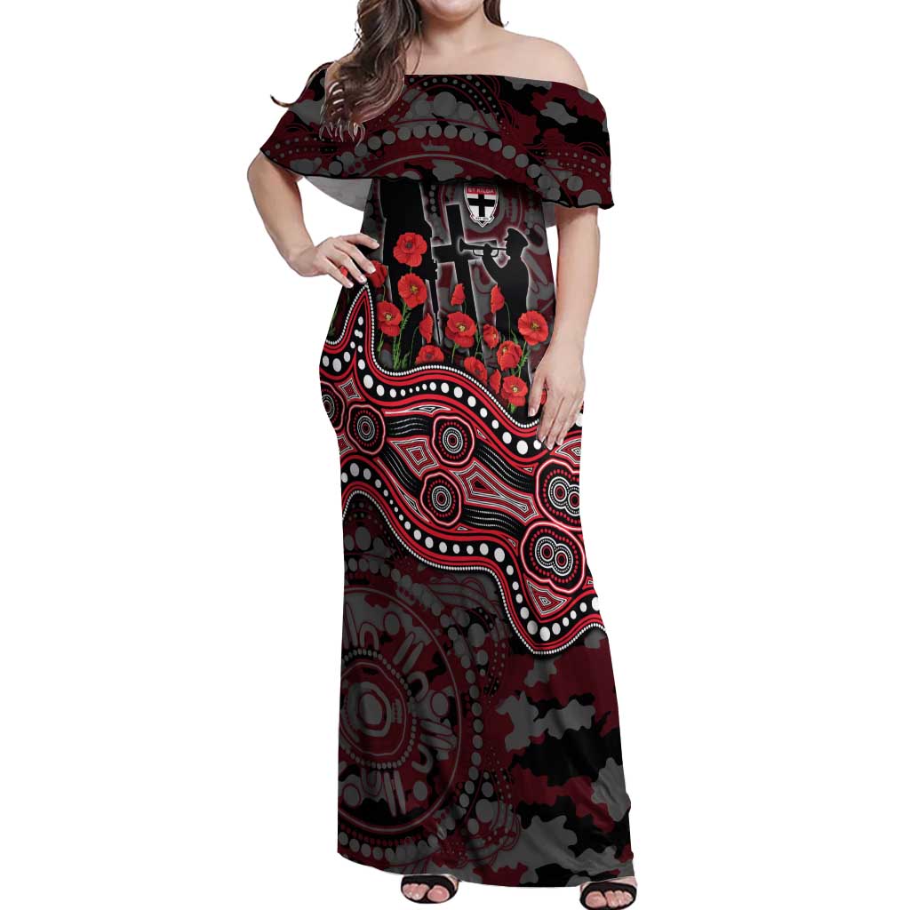 St Kilda Saints ANZAC Day Off Shoulder Maxi Dress Indigenous Dot Art with Poppy Flower Tribute