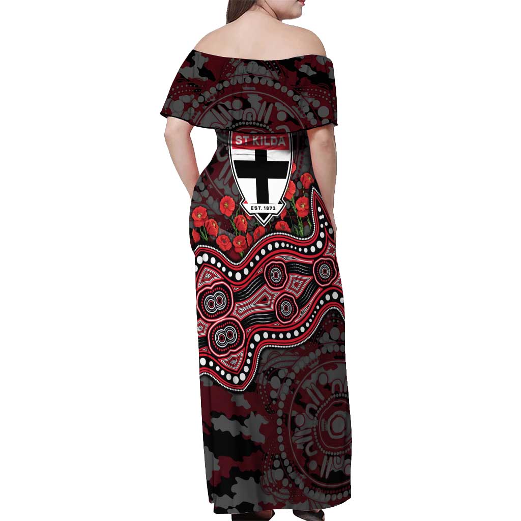 St Kilda Saints ANZAC Day Off Shoulder Maxi Dress Indigenous Dot Art with Poppy Flower Tribute