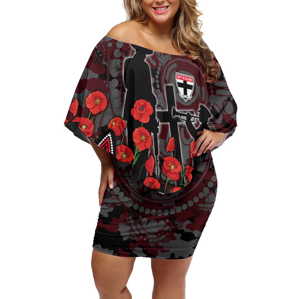 St Kilda Saints ANZAC Day Off Shoulder Short Dress Indigenous Dot Art with Poppy Flower Tribute