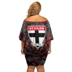 St Kilda Saints ANZAC Day Off Shoulder Short Dress Indigenous Dot Art with Poppy Flower Tribute