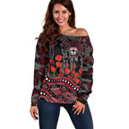 St Kilda Saints ANZAC Day Off Shoulder Sweater Indigenous Dot Art with Poppy Flower Tribute