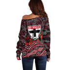 St Kilda Saints ANZAC Day Off Shoulder Sweater Indigenous Dot Art with Poppy Flower Tribute
