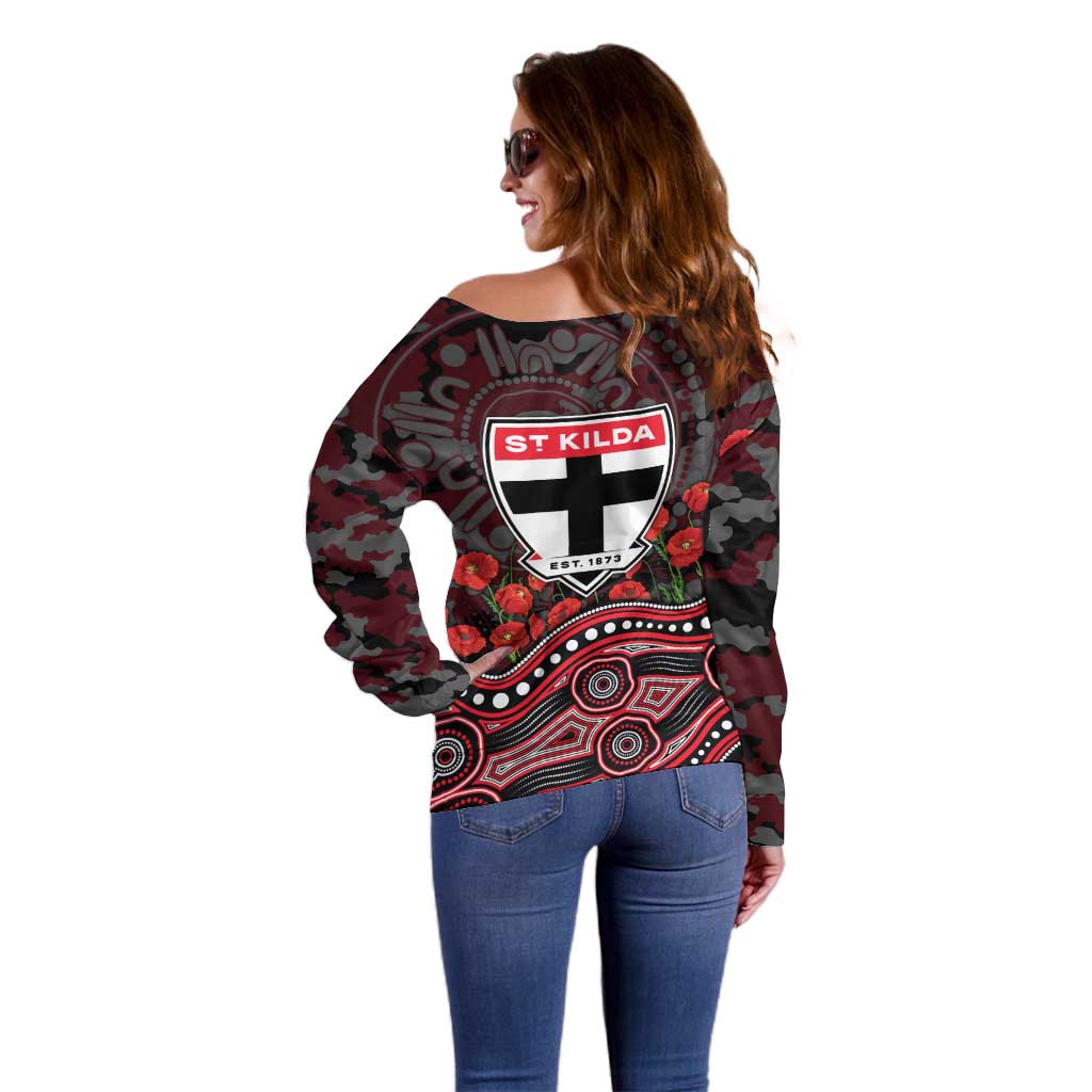 St Kilda Saints ANZAC Day Off Shoulder Sweater Indigenous Dot Art with Poppy Flower Tribute