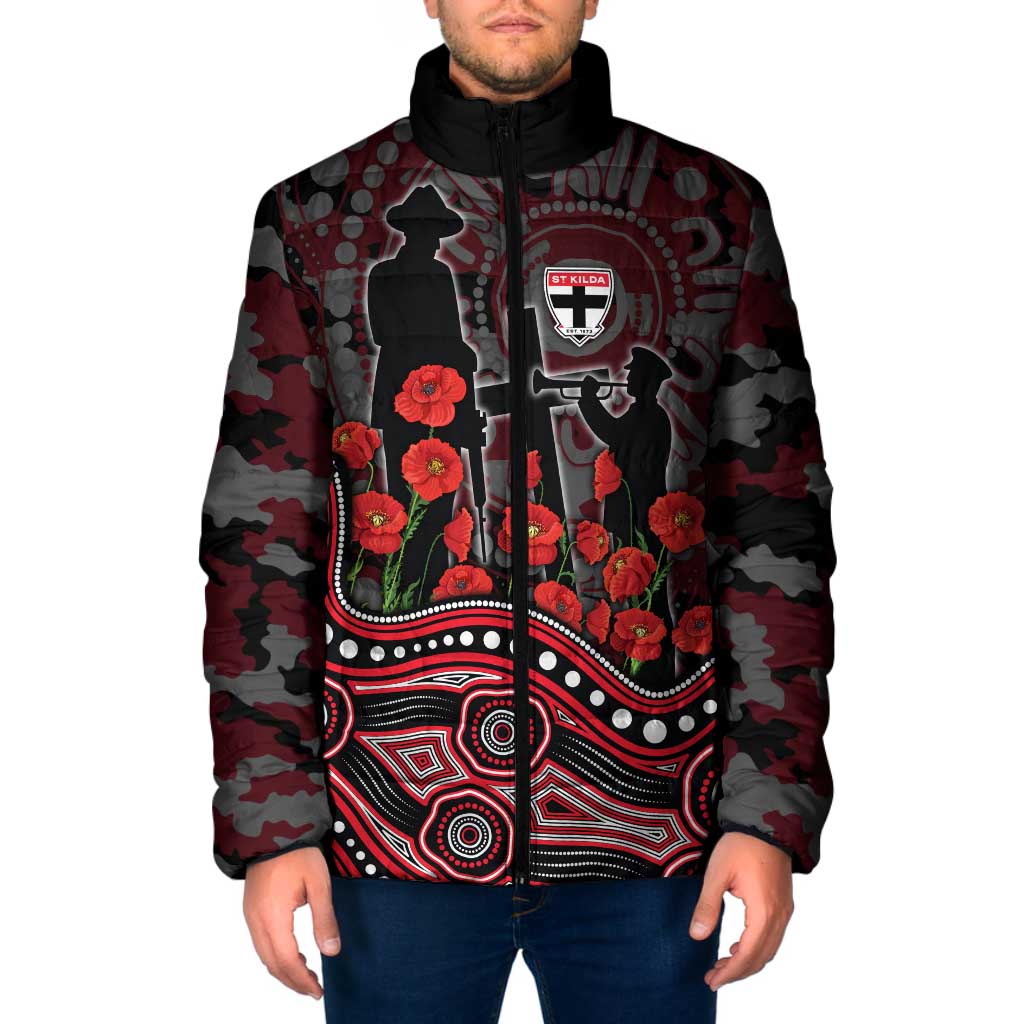 St Kilda Saints ANZAC Day Padded Jacket Indigenous Dot Art with Poppy Flower Tribute