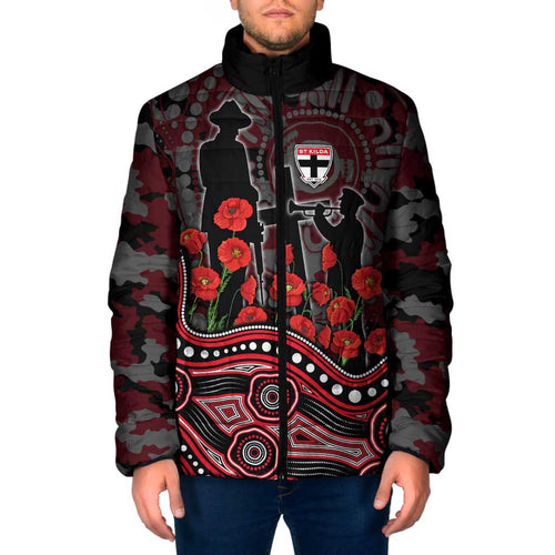 St Kilda Saints ANZAC Day Padded Jacket Indigenous Dot Art with Poppy Flower Tribute