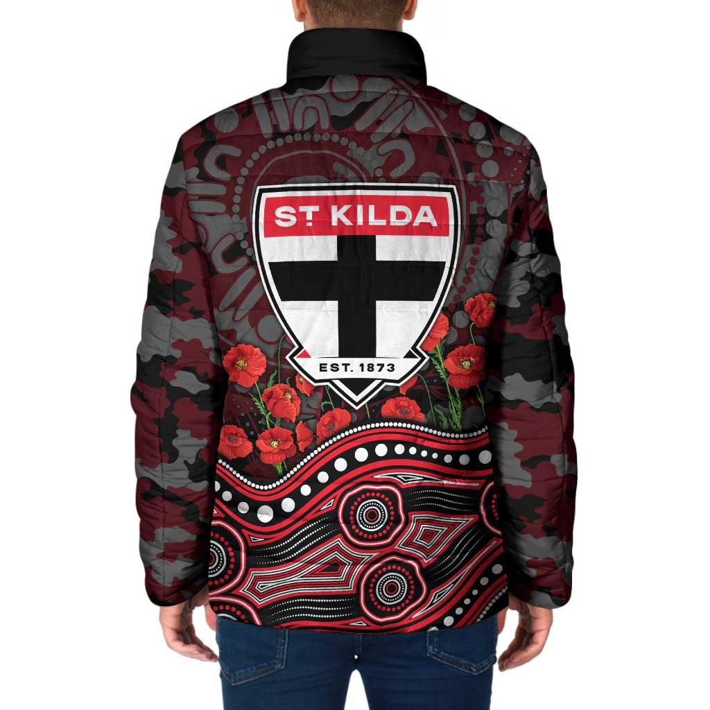 St Kilda Saints ANZAC Day Padded Jacket Indigenous Dot Art with Poppy Flower Tribute