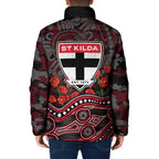 St Kilda Saints ANZAC Day Padded Jacket Indigenous Dot Art with Poppy Flower Tribute