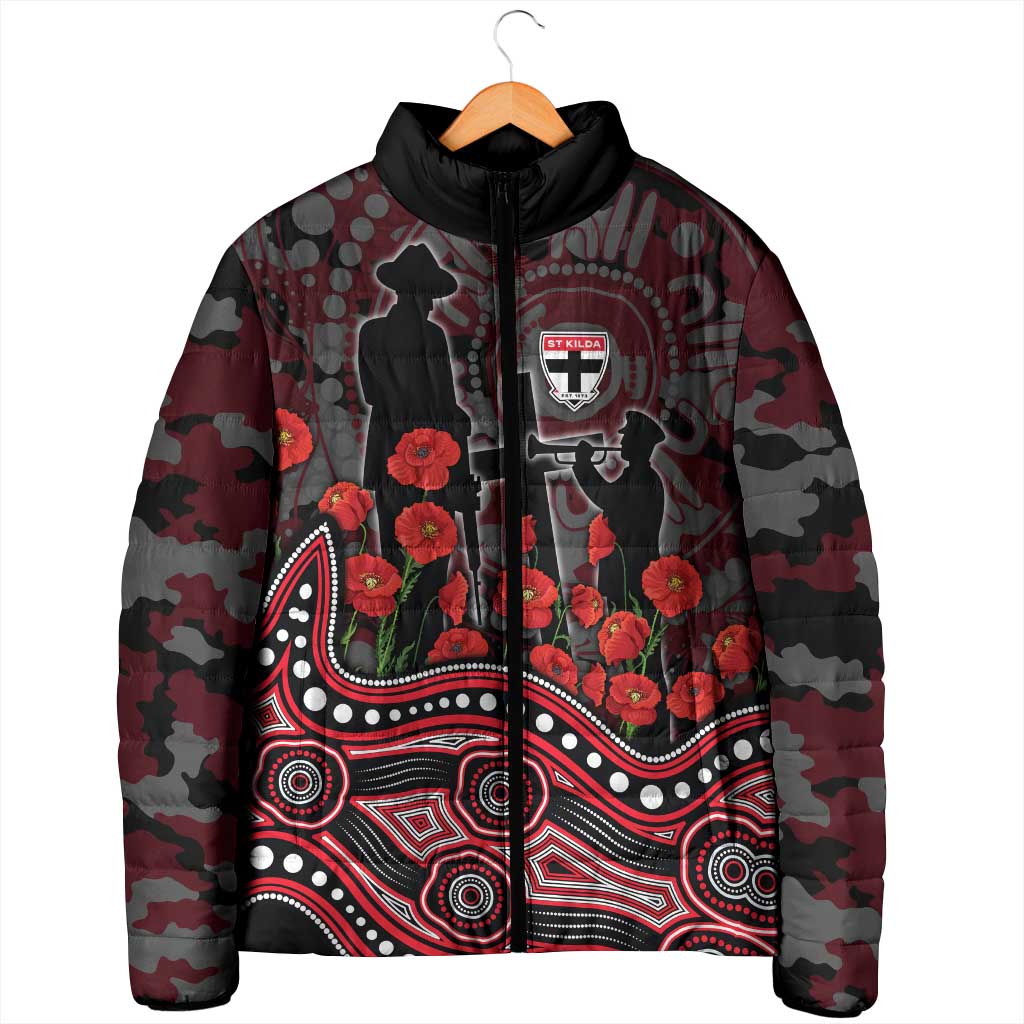 St Kilda Saints ANZAC Day Padded Jacket Indigenous Dot Art with Poppy Flower Tribute