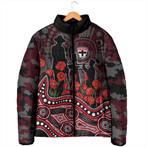St Kilda Saints ANZAC Day Padded Jacket Indigenous Dot Art with Poppy Flower Tribute