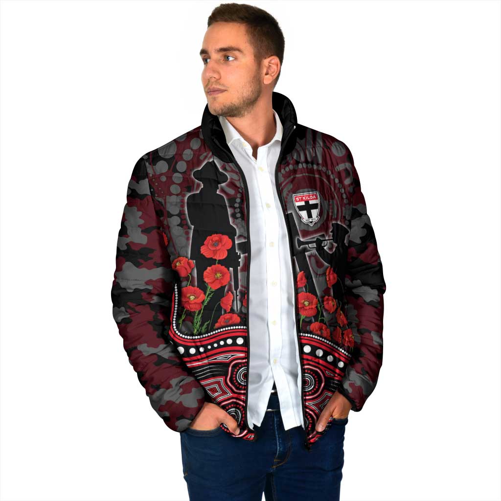 St Kilda Saints ANZAC Day Padded Jacket Indigenous Dot Art with Poppy Flower Tribute