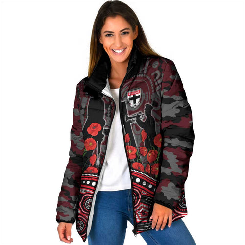 St Kilda Saints ANZAC Day Padded Jacket Indigenous Dot Art with Poppy Flower Tribute