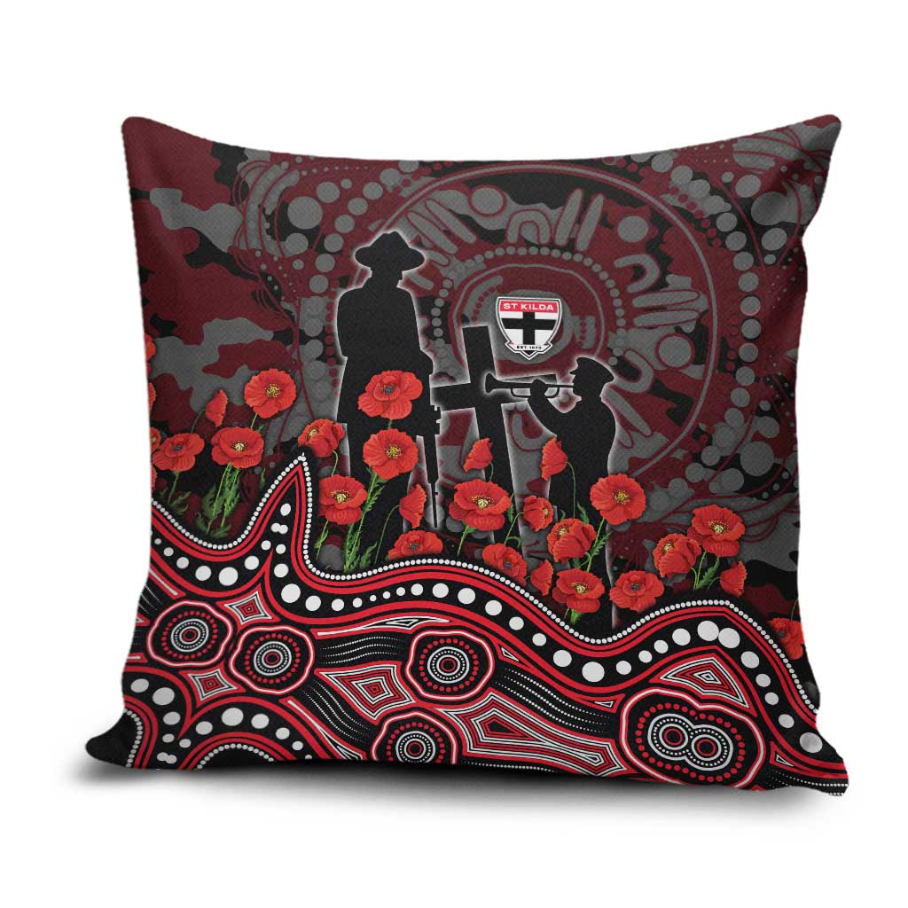St Kilda Saints ANZAC Day Pillow Cover Indigenous Dot Art with Poppy Flower Tribute