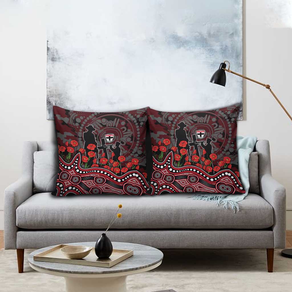 St Kilda Saints ANZAC Day Pillow Cover Indigenous Dot Art with Poppy Flower Tribute