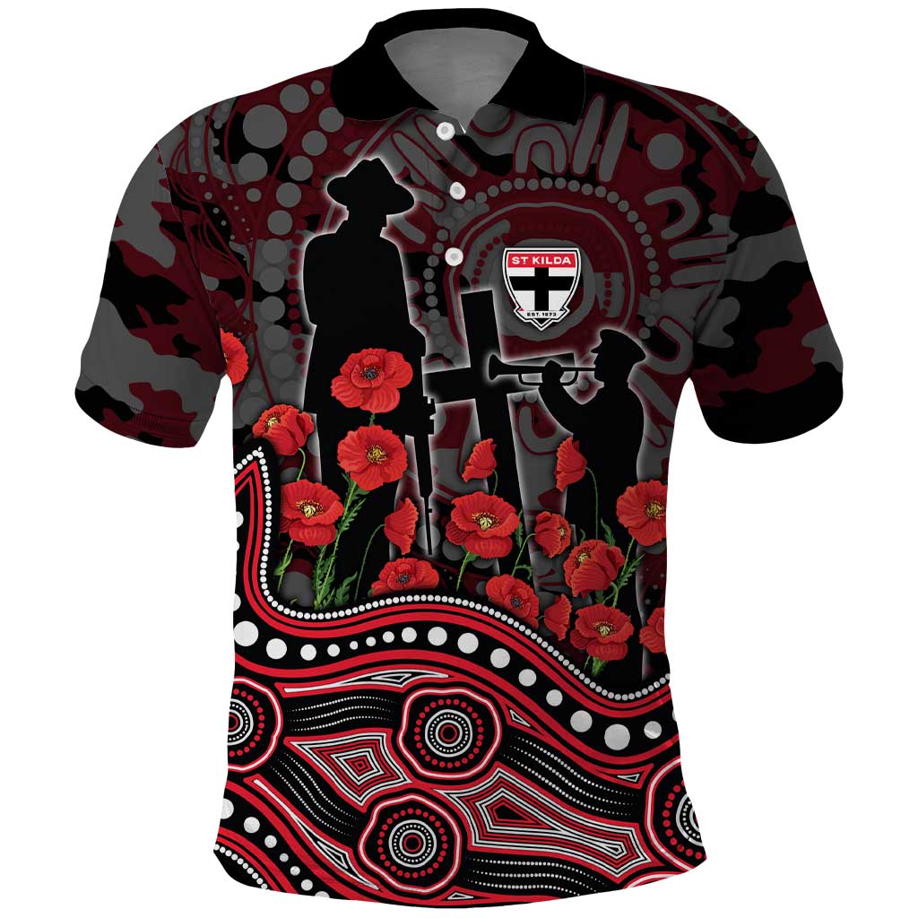St Kilda Saints ANZAC Day Polo Shirt Indigenous Dot Art with Poppy Flower Tribute