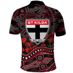 St Kilda Saints ANZAC Day Polo Shirt Indigenous Dot Art with Poppy Flower Tribute