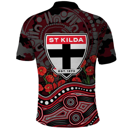 St Kilda Saints ANZAC Day Polo Shirt Indigenous Dot Art with Poppy Flower Tribute