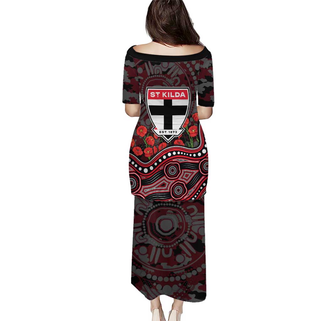 St Kilda Saints ANZAC Day Puletasi Indigenous Dot Art with Poppy Flower Tribute