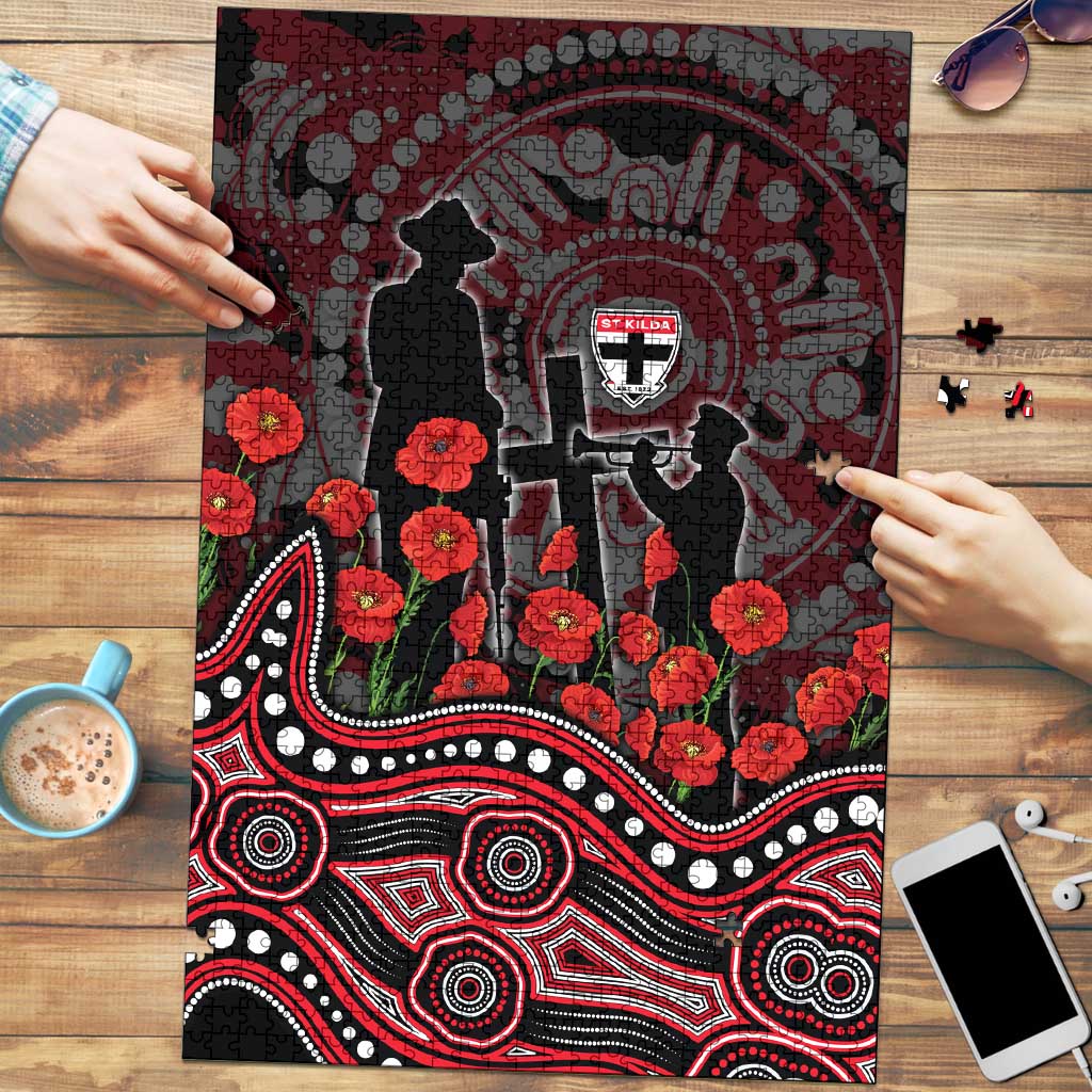 St Kilda Saints ANZAC Day Puzzle Indigenous Dot Art with Poppy Flower Tribute