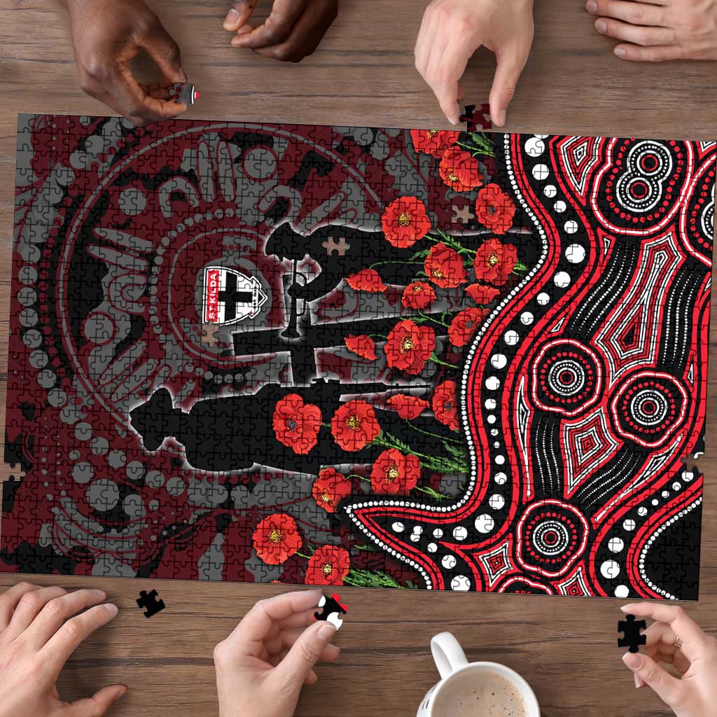 St Kilda Saints ANZAC Day Puzzle Indigenous Dot Art with Poppy Flower Tribute