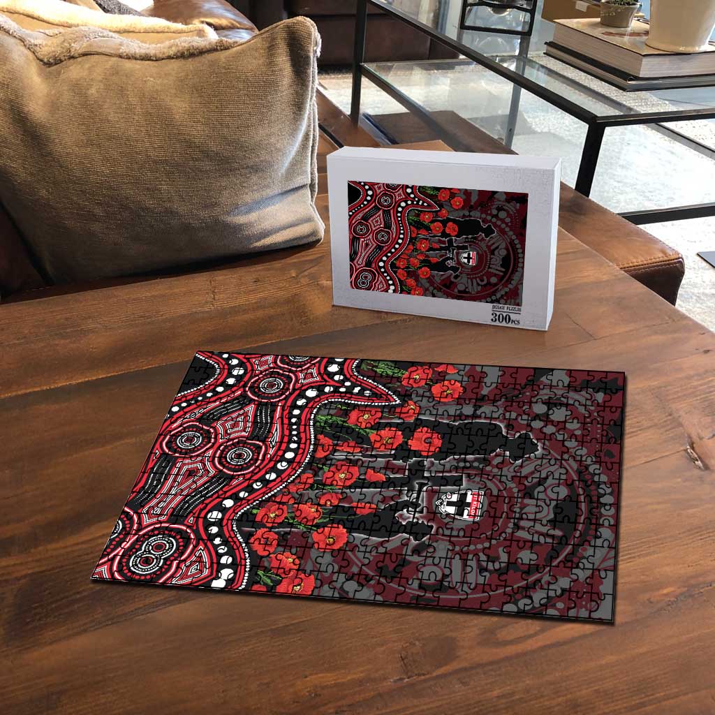 St Kilda Saints ANZAC Day Puzzle Indigenous Dot Art with Poppy Flower Tribute