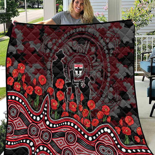 St Kilda Saints ANZAC Day Quilt Indigenous Dot Art with Poppy Flower Tribute