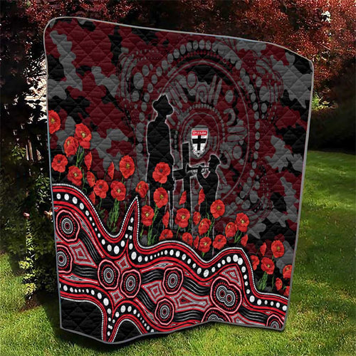 St Kilda Saints ANZAC Day Quilt Indigenous Dot Art with Poppy Flower Tribute