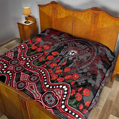 St Kilda Saints ANZAC Day Quilt Indigenous Dot Art with Poppy Flower Tribute