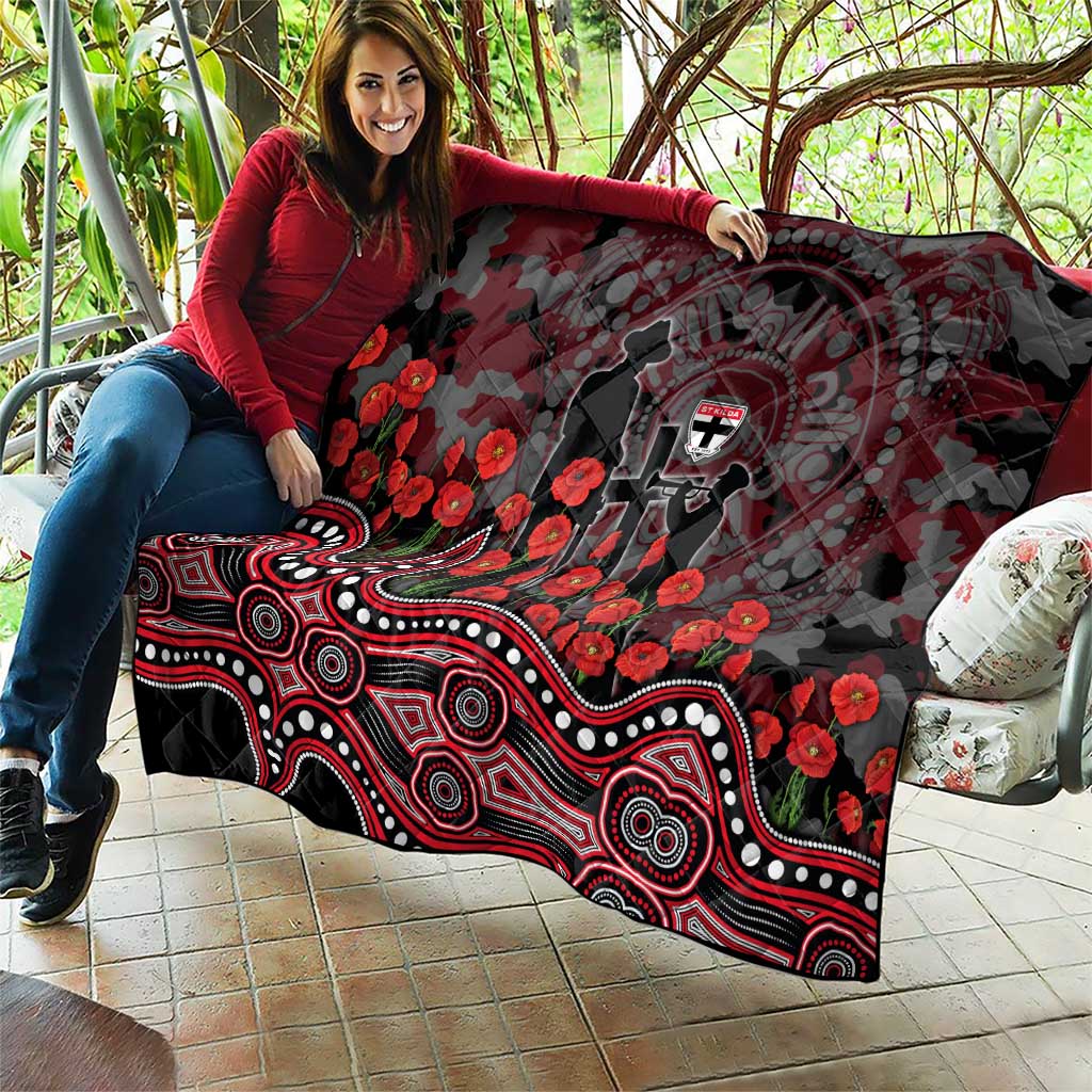 St Kilda Saints ANZAC Day Quilt Indigenous Dot Art with Poppy Flower Tribute
