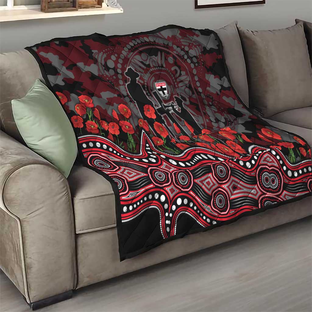 St Kilda Saints ANZAC Day Quilt Indigenous Dot Art with Poppy Flower Tribute