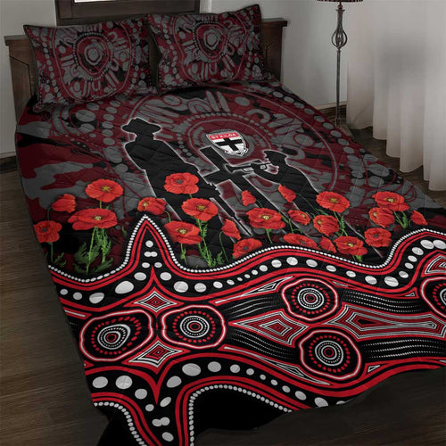 St Kilda Saints ANZAC Day Quilt Bed Set Indigenous Dot Art with Poppy Flower Tribute